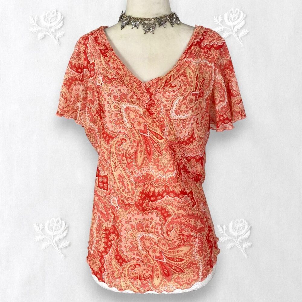 Early 2000's Orange Pink Paisley Mesh Coquette Blouse Top Plus Size 16W XL Pet